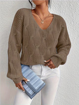 Josephine | Cable Knit V-Neck Jumper with Puff Sleeves — view 4