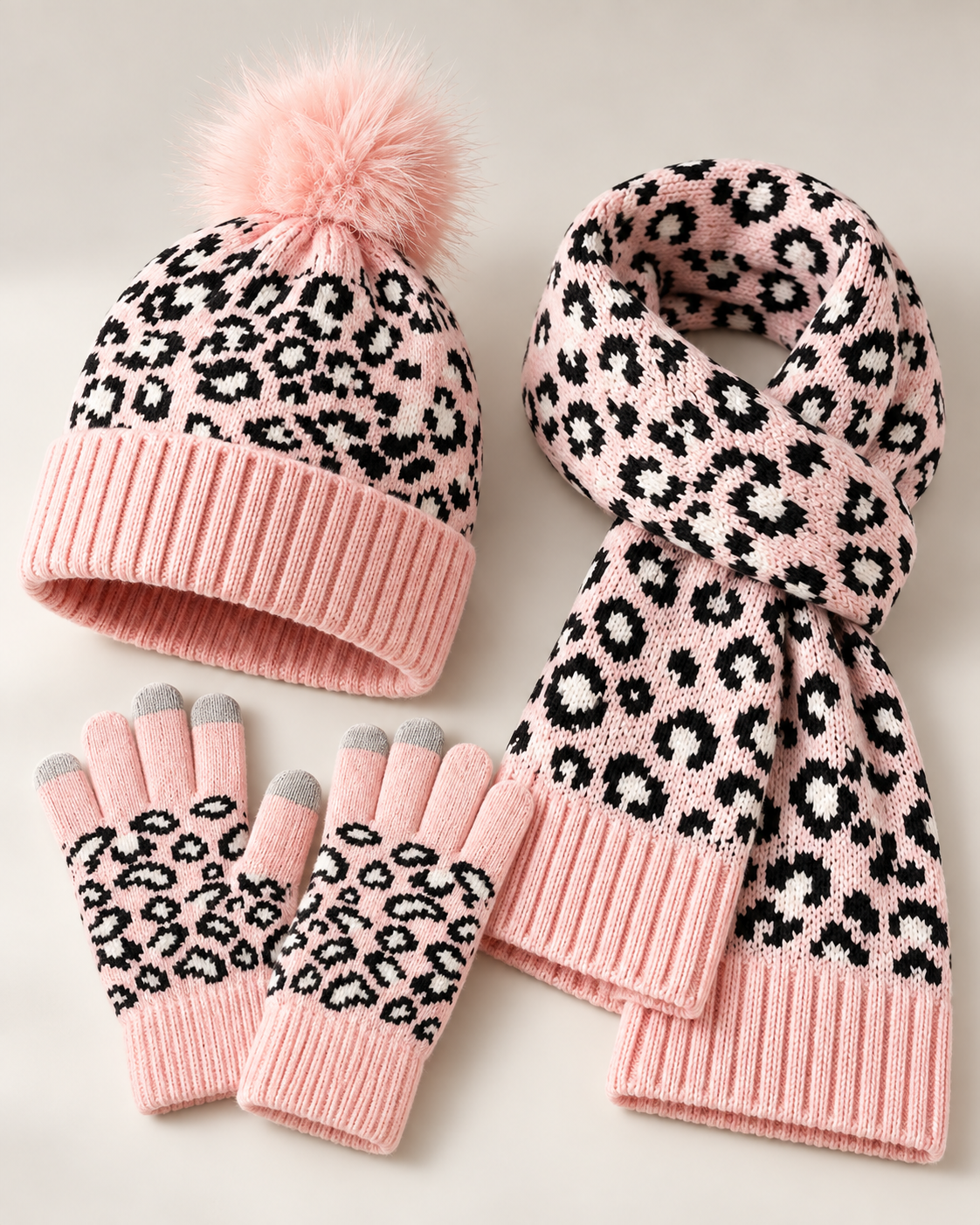 Ismay | Women's Leopard Print Hat, Scarf & Gloves Set – Knitted Winter Gift Set — view 3
