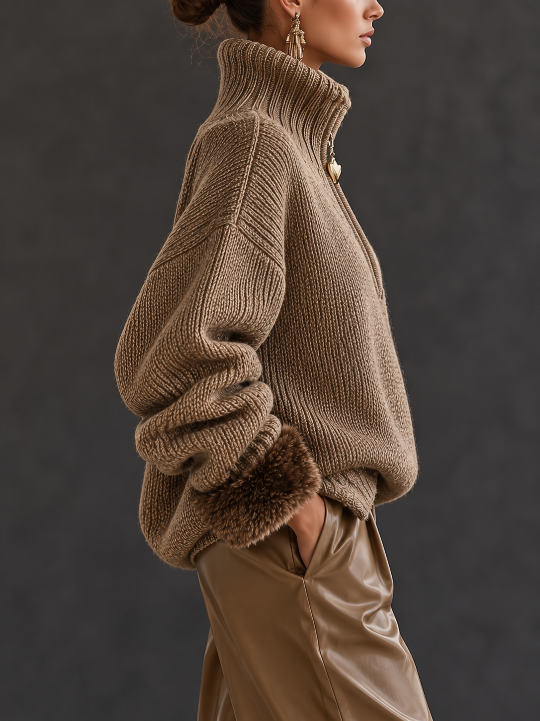 Rosalind | Half-Zip Chunky Knit Jumper with Fur Cuffs — view 2