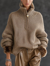 Rosalind | Half-Zip Chunky Knit Jumper with Fur Cuffs — view 1
