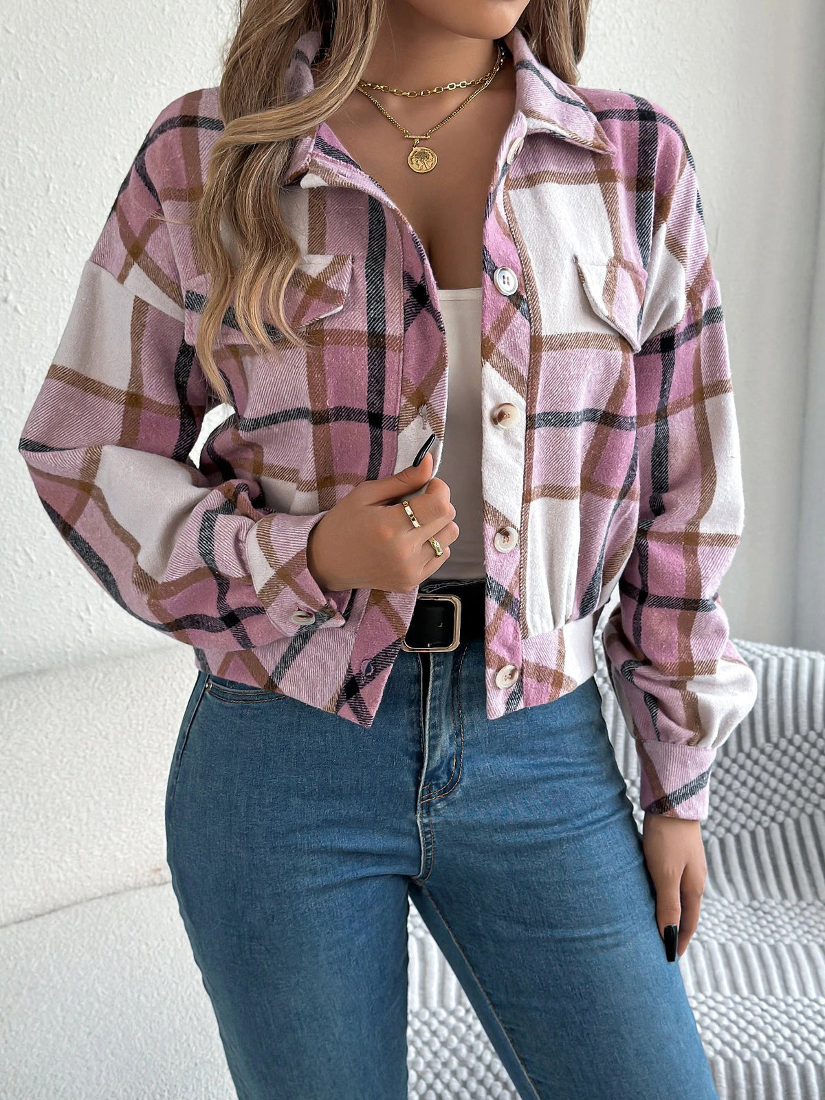 Hollis | Women's Cropped Check Relaxed-Fit Shacket — view 3