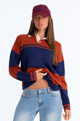 Women's Striped Knit Polo Sweater | Yvezi — 15