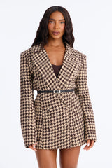 Women's Houndstooth Belted Blazer — Double Breasted, Long Sleeve | Yvezi — 8