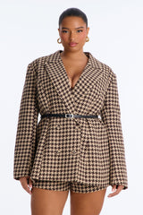Women's Houndstooth Belted Blazer — Double Breasted, Long Sleeve | Yvezi — 11