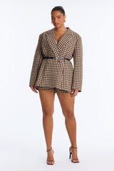 Women's Houndstooth Belted Blazer — Double Breasted, Long Sleeve | Yvezi — 12