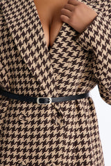 Women's Houndstooth Belted Blazer — Double Breasted, Long Sleeve | Yvezi — 13