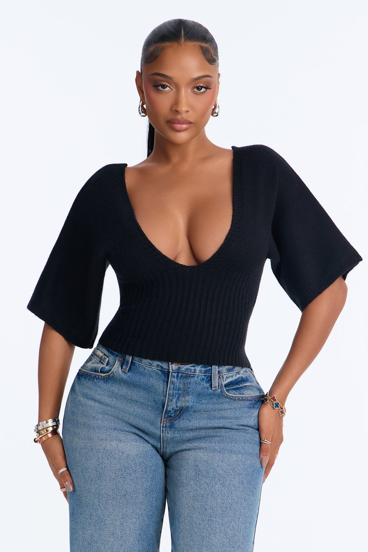 Women's Knit Sweater — Short Sleeve, Ribbed | Yvezi — 1