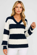 Women's Striped Cable Knit Jumper V-Neck | Chunky Style — view 1