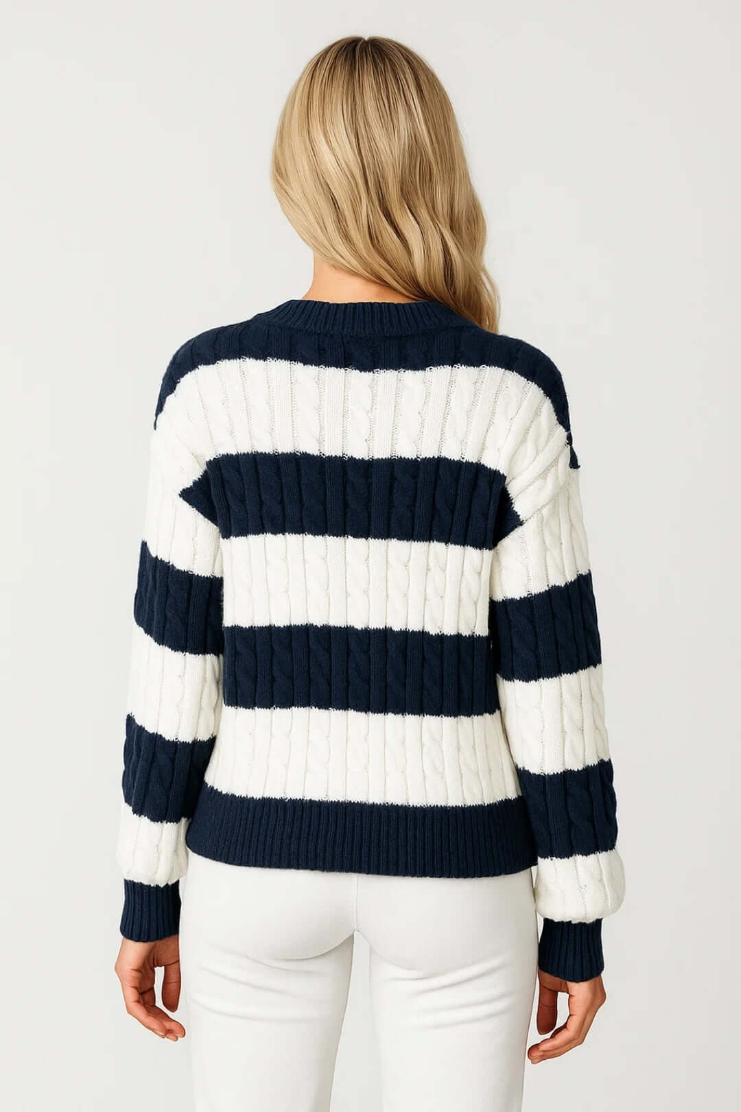 Women's Striped Cable Knit Jumper V-Neck | Chunky Style — view 2