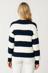 Women's Striped Cable Knit Jumper V-Neck | Chunky Style — view 2