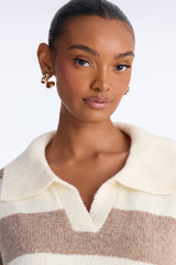 Women's Striped Knit Sweater — Long Sleeve, Collared | Yvezi — 3