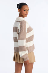 Women's Striped Knit Sweater — Long Sleeve, Collared | Yvezi — 4