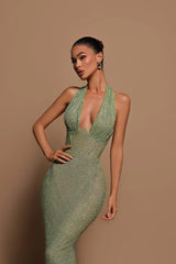 Celeste | Women's Glitter Halter Neck Fitted Maxi Party Dress — view 1