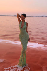 Celeste | Women's Glitter Halter Neck Fitted Maxi Party Dress — view 6