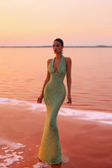 Celeste | Women's Glitter Halter Neck Fitted Maxi Party Dress — view 5