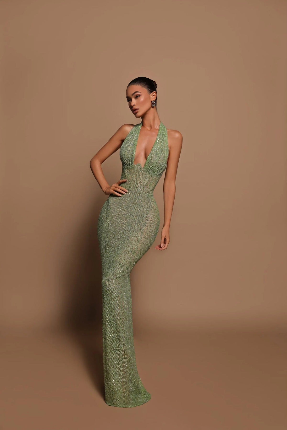 Celeste | Women's Glitter Halter Neck Fitted Maxi Party Dress — view 3