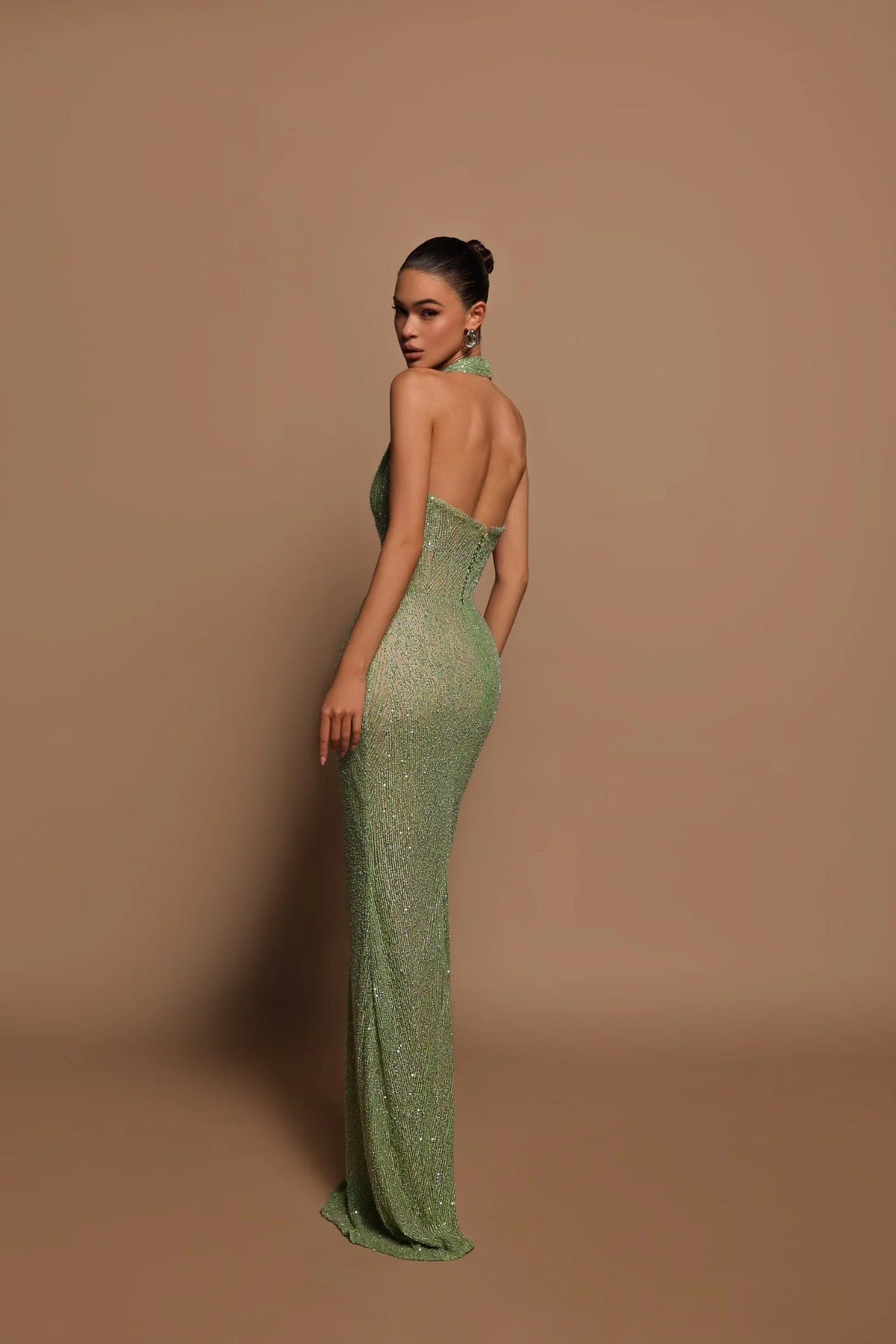 Celeste | Women's Glitter Halter Neck Fitted Maxi Party Dress — view 2