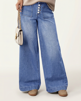 Women's High-Waisted Blue Denim Wide-Leg Button-Front Jeans — view 1