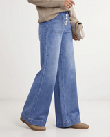 Women's High-Waisted Blue Denim Wide-Leg Button-Front Jeans — view 3