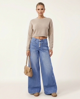 Women's High-Waisted Blue Denim Wide-Leg Button-Front Jeans — view 4