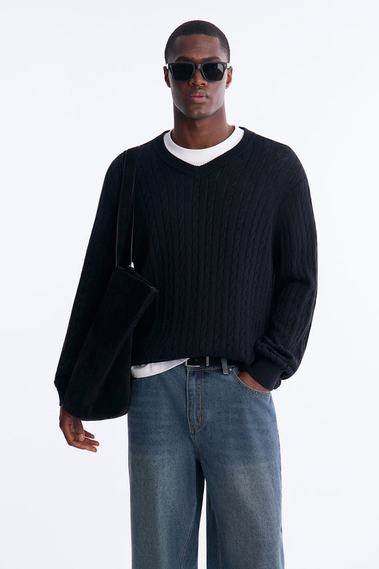 Men's Cable Knit Cotton Sweater — Long Sleeve, V Neck | Yvezi — 1