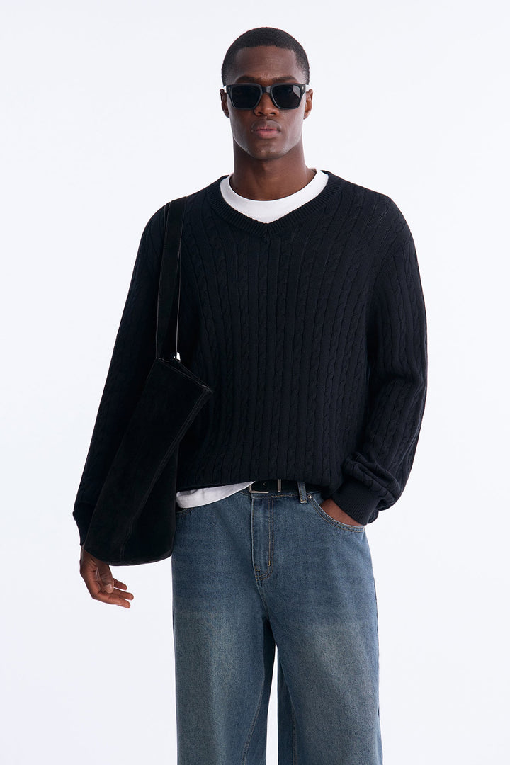 Men's Cable Knit Cotton Sweater — Long Sleeve, V Neck | Yvezi — 1