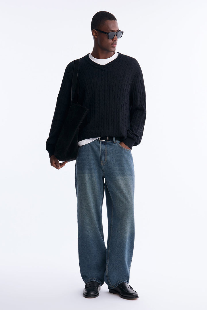 Men's Cable Knit Cotton Sweater — Long Sleeve, V Neck | Yvezi — 2