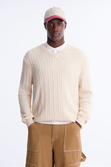 Men's Cable Knit Cotton Sweater — Long Sleeve, V Neck | Yvezi — 5