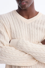 Men's Cable Knit Cotton Sweater — Long Sleeve, V Neck | Yvezi — 7