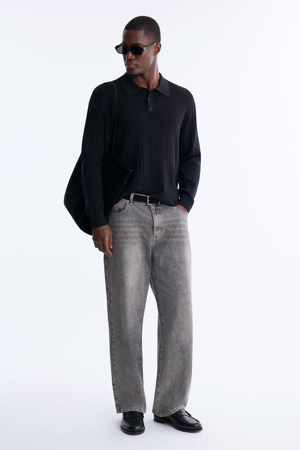 Men's Cable Knit Viscose Polo Shirt — Button Down, Long Sleeve | Yvezi — 1