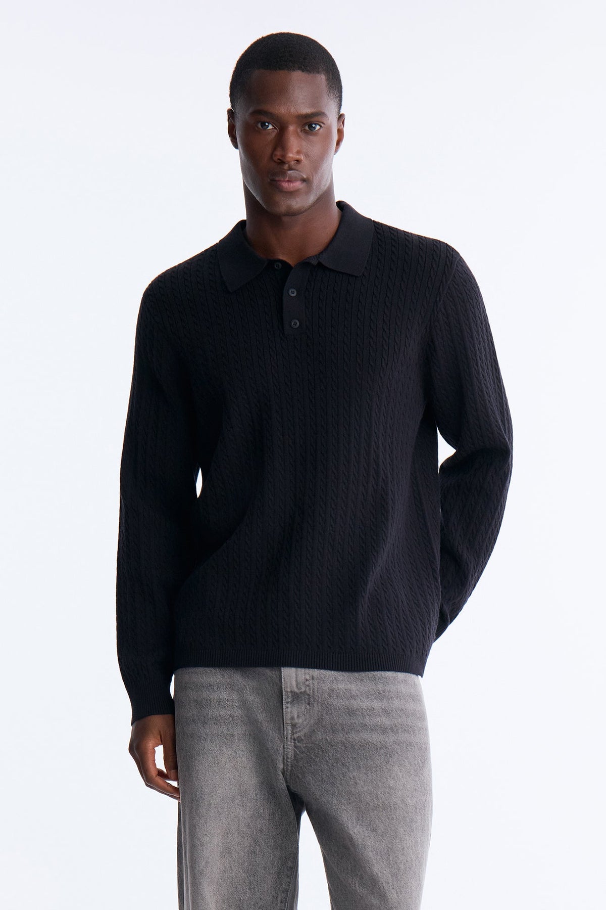 Men's Cable Knit Viscose Polo Shirt — Button Down, Long Sleeve | Yvezi — 2