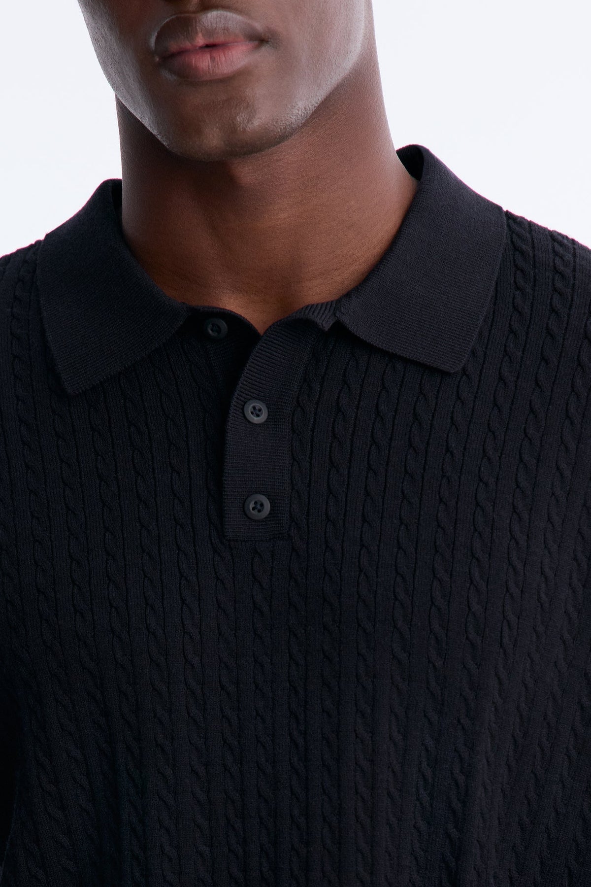 Men's Cable Knit Viscose Polo Shirt — Button Down, Long Sleeve | Yvezi — 3