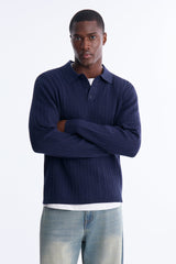 Men's Cable Knit Viscose Polo Shirt — Button Down, Long Sleeve | Yvezi — 5