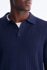 Men's Cable Knit Viscose Polo Shirt — Button Down, Long Sleeve | Yvezi — 7