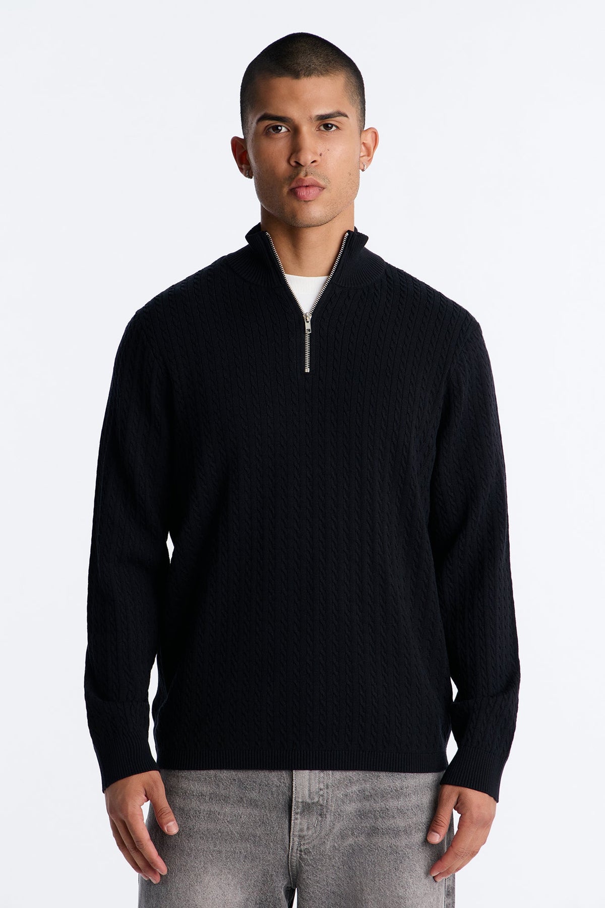 Men's Cable Knit Quarter-Zip Viscose Sweater — Long Sleeve, Mock Neck | Yvezi — 1