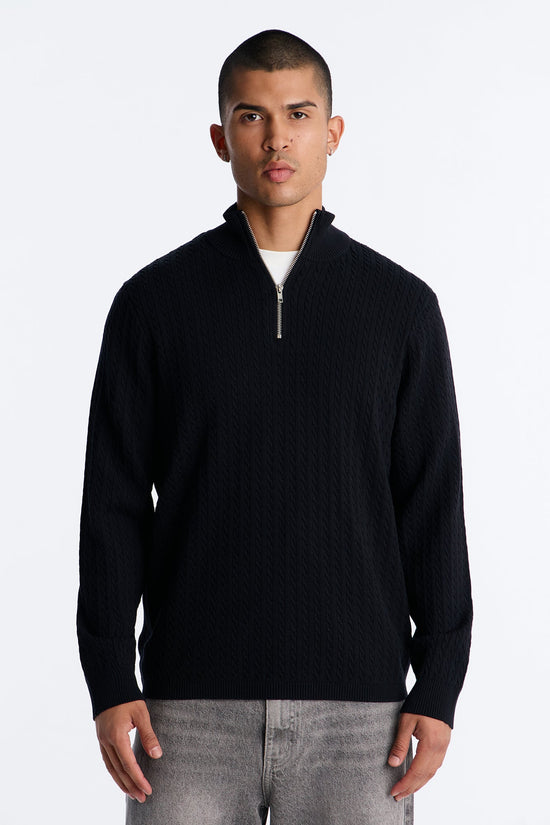 Men's Cable Knit Quarter-Zip Viscose Sweater — Long Sleeve, Mock Neck | Yvezi — 1