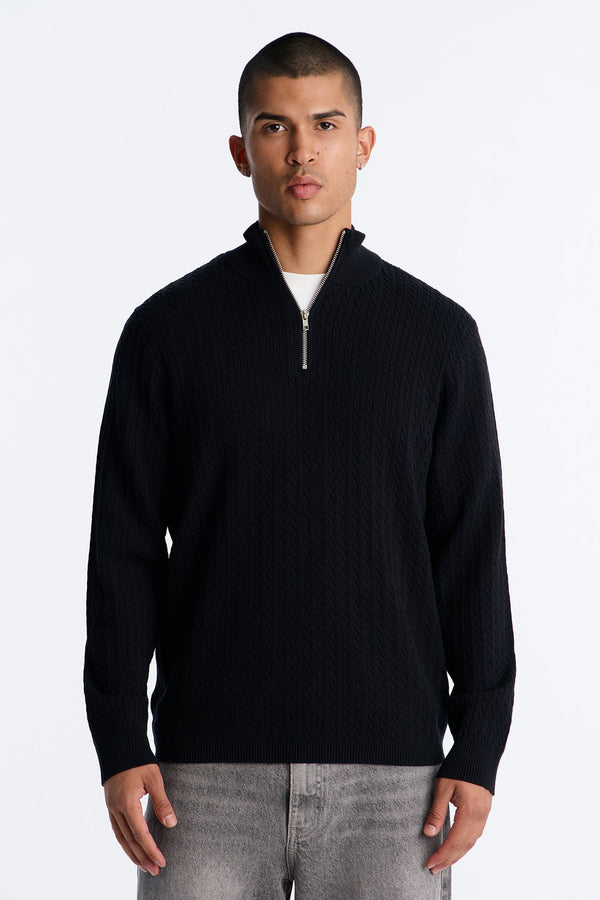 Men's Cable Knit Quarter-Zip Viscose Sweater — Long Sleeve, Mock Neck | Yvezi — 1