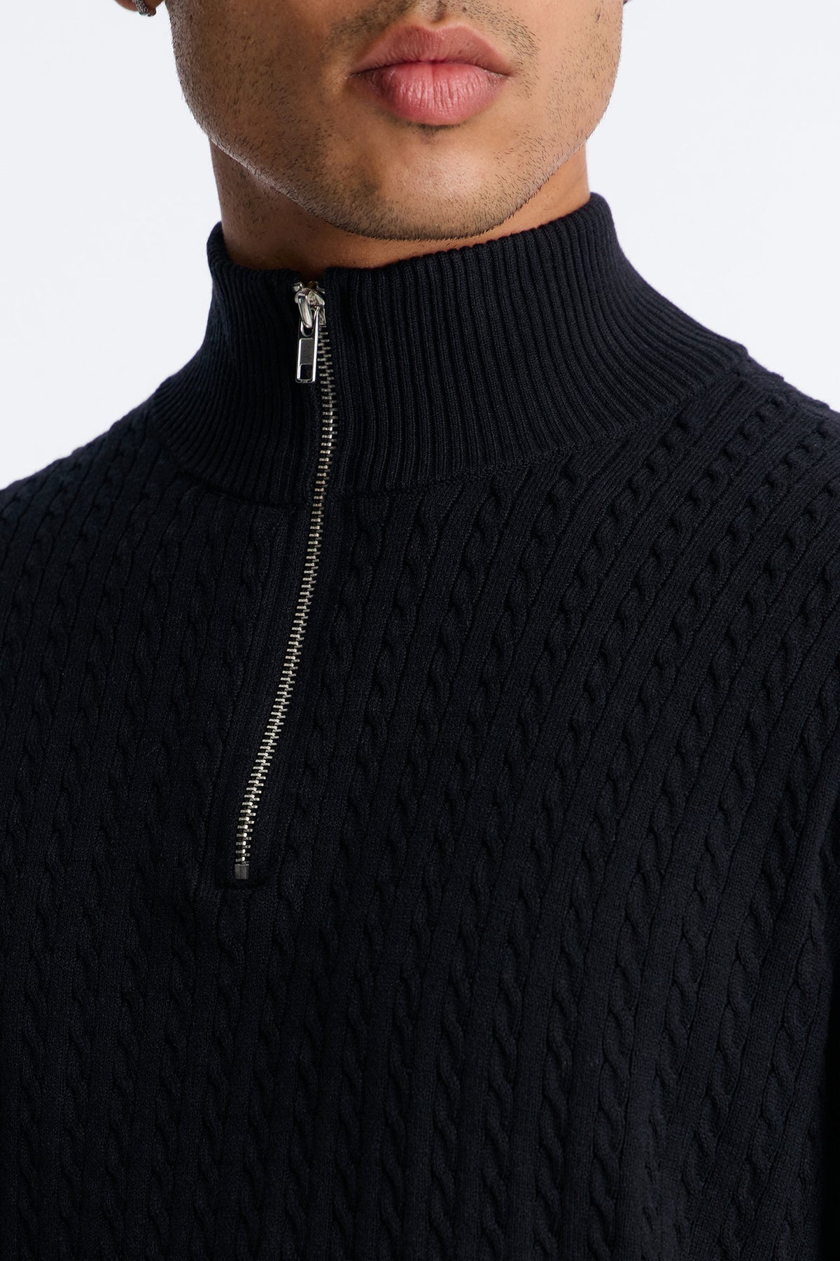 Men's Cable Knit Quarter-Zip Viscose Sweater — Long Sleeve, Mock Neck | Yvezi — 3