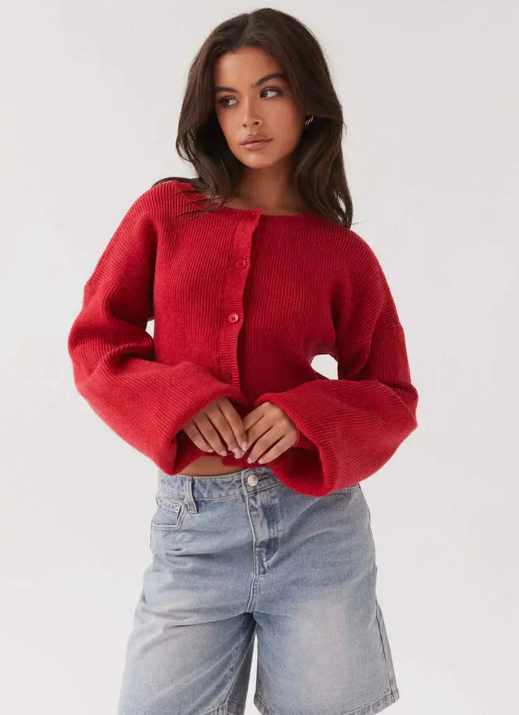 Women's Red Knit Cardigan Classic Fit | Autumn Style — view 3