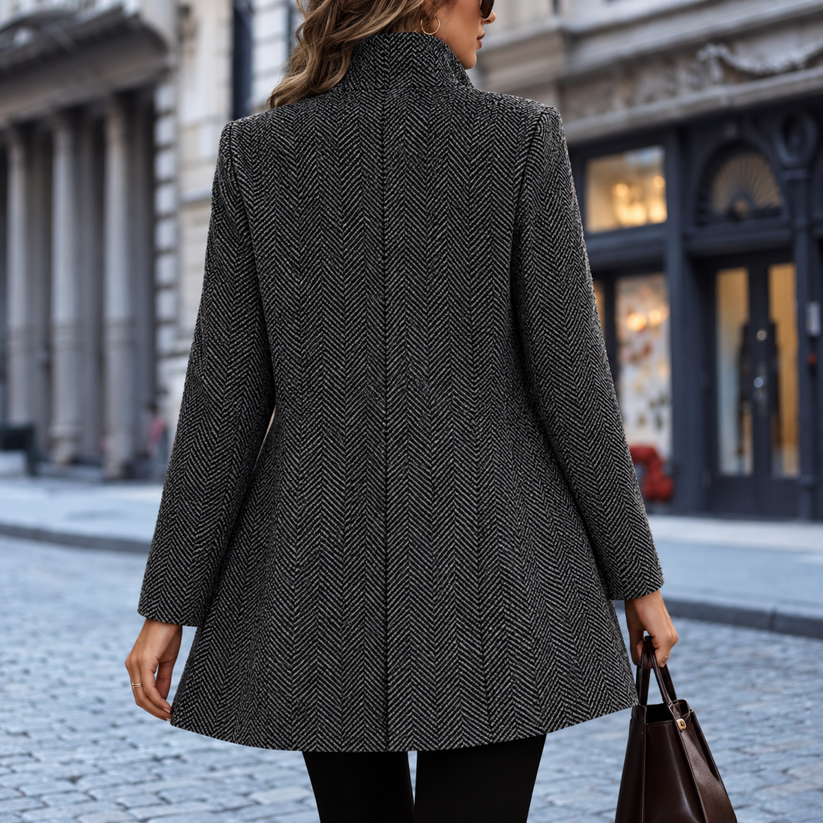 Sabine | Open Front Wool Coat with Herringbone Texture — view 3