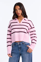 Women's Striped Knit Polo Sweater — Long Sleeve | Yvezi — 5