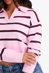 Women's Striped Knit Polo Sweater — Long Sleeve | Yvezi — 7