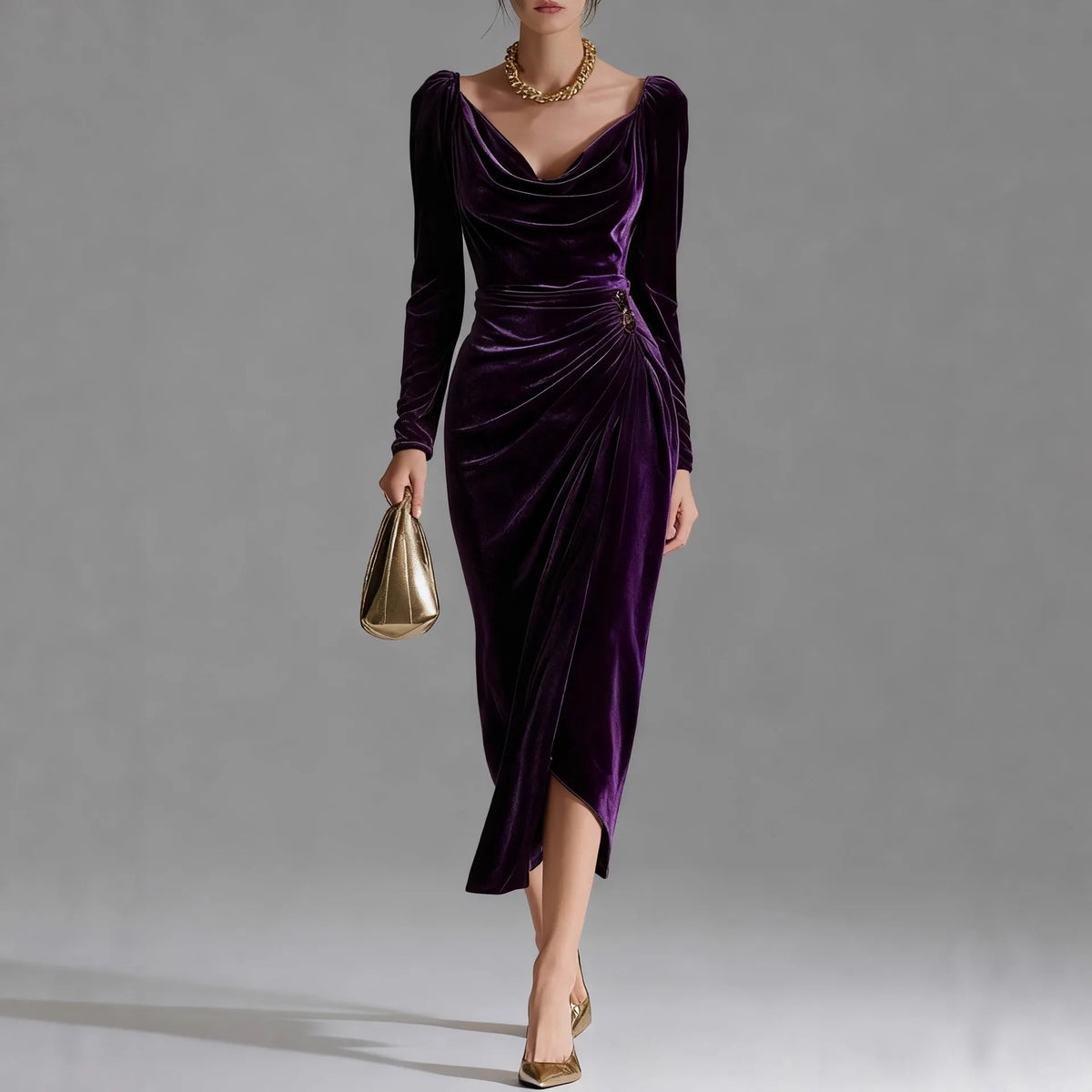 Women's Ruched Velvet Midi Christmas Party Dress — view 3
