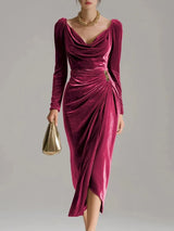 Women's Ruched Velvet Midi Christmas Party Dress — view 5
