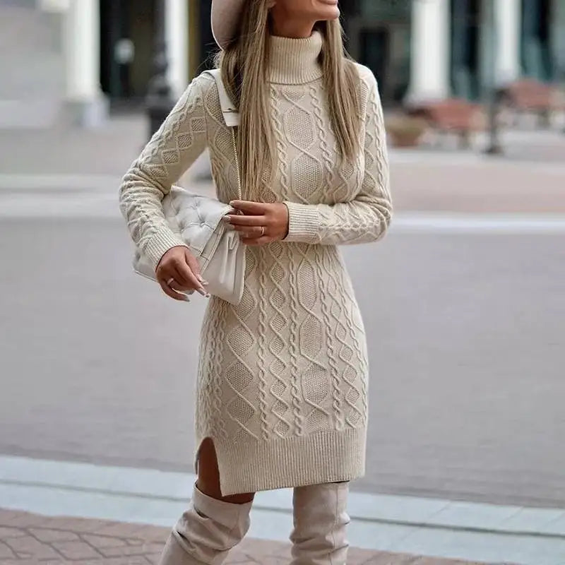 Women's Cable-Knit Turtleneck Fitted Jumper Dress — view 1
