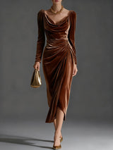 Women's Ruched Velvet Midi Christmas Party Dress — view 4