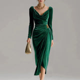 Women's Ruched Velvet Midi Christmas Party Dress — view 7
