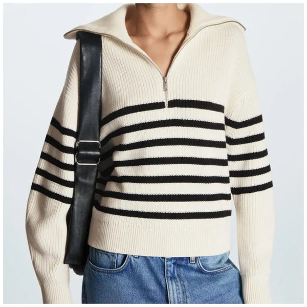 Liora | Women's Striped Ribbed Half-Zip Knitted Jumper — view 1