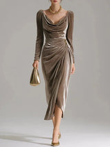 Women's Ruched Velvet Midi Christmas Party Dress — view 6