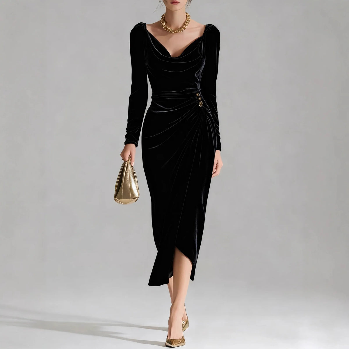 Women's Ruched Velvet Midi Christmas Party Dress — view 2